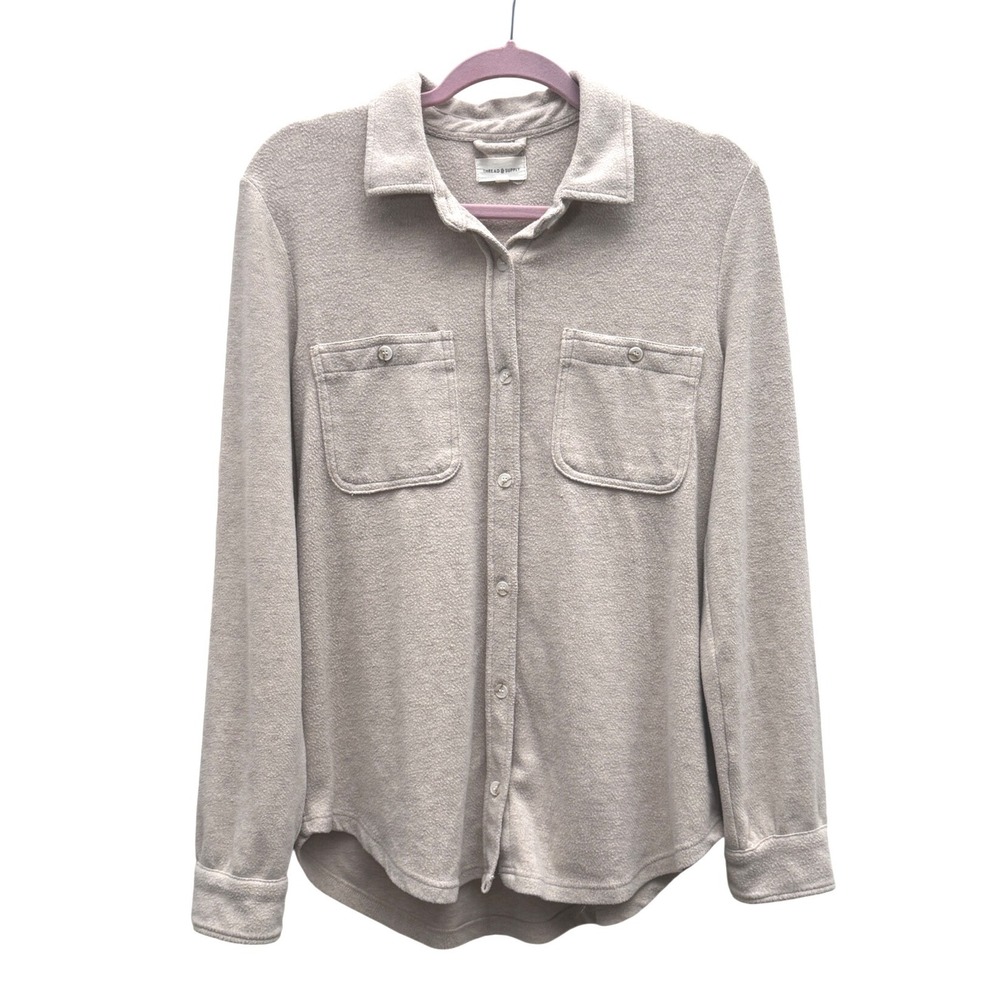 Thread & Supply Lewis Button Down Shirt Heather Stucco Beige Knit Size Medium - Picture 2 of 7